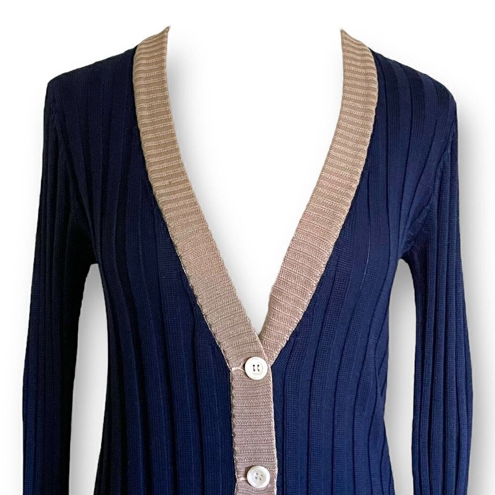 Yves Saint Laurent Rive Gauche Vintage 1970s Womens Cardigan Sz S Navy Blue Tan - Picture 4 of 10